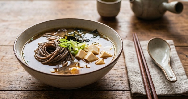 Miso polévka se soba nudlemi, tofu a zeleninou